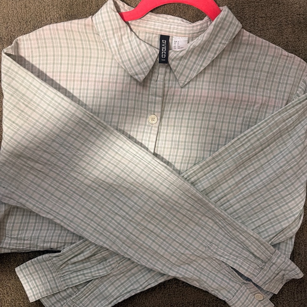H&M Light Green and White Plaid Button-Down Shirt